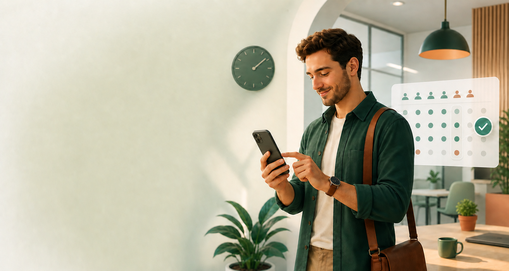 Angajat care își înregistrează pontajul de pe telefon